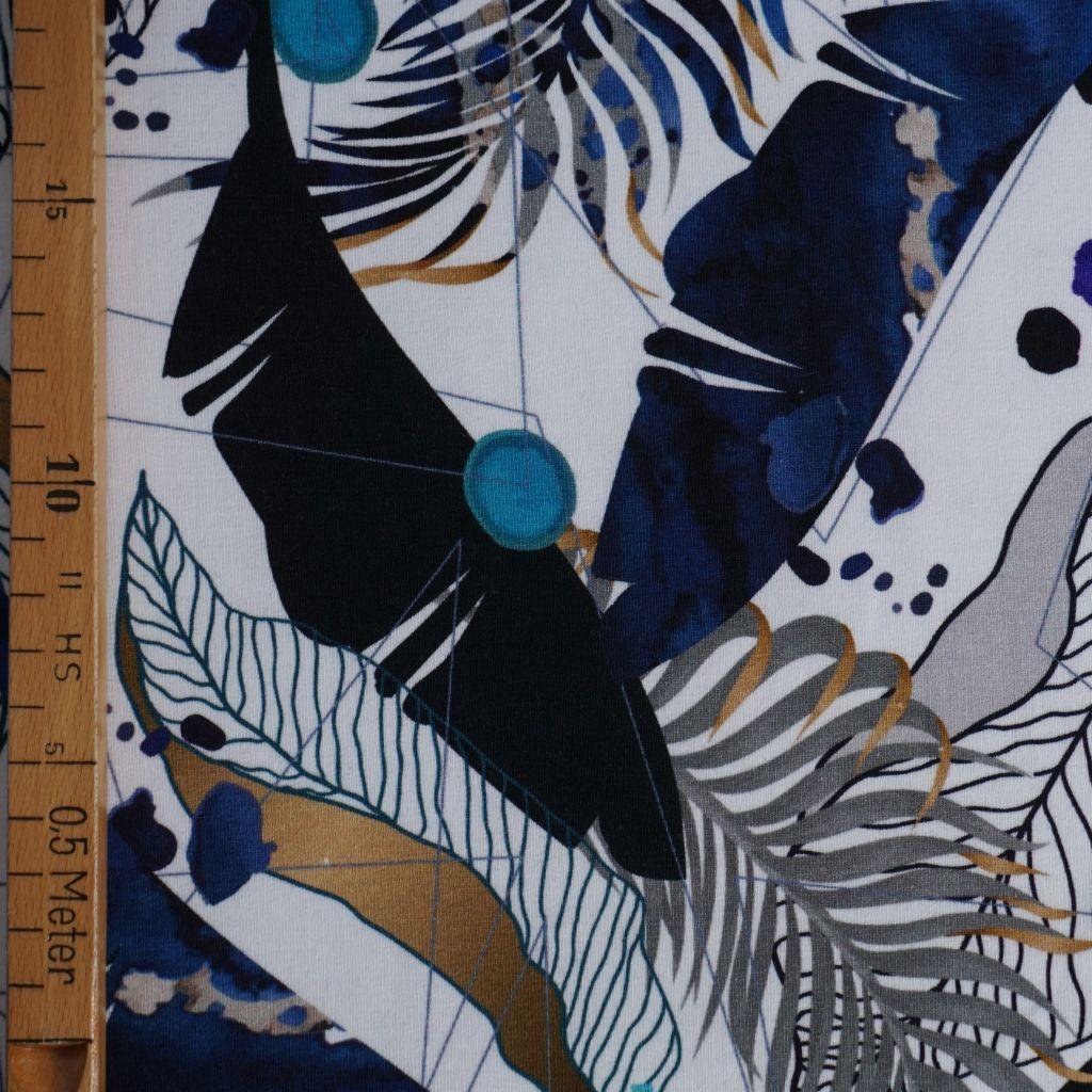 Preview: Stretch-Sweat Federn und Blätter indigo weiß